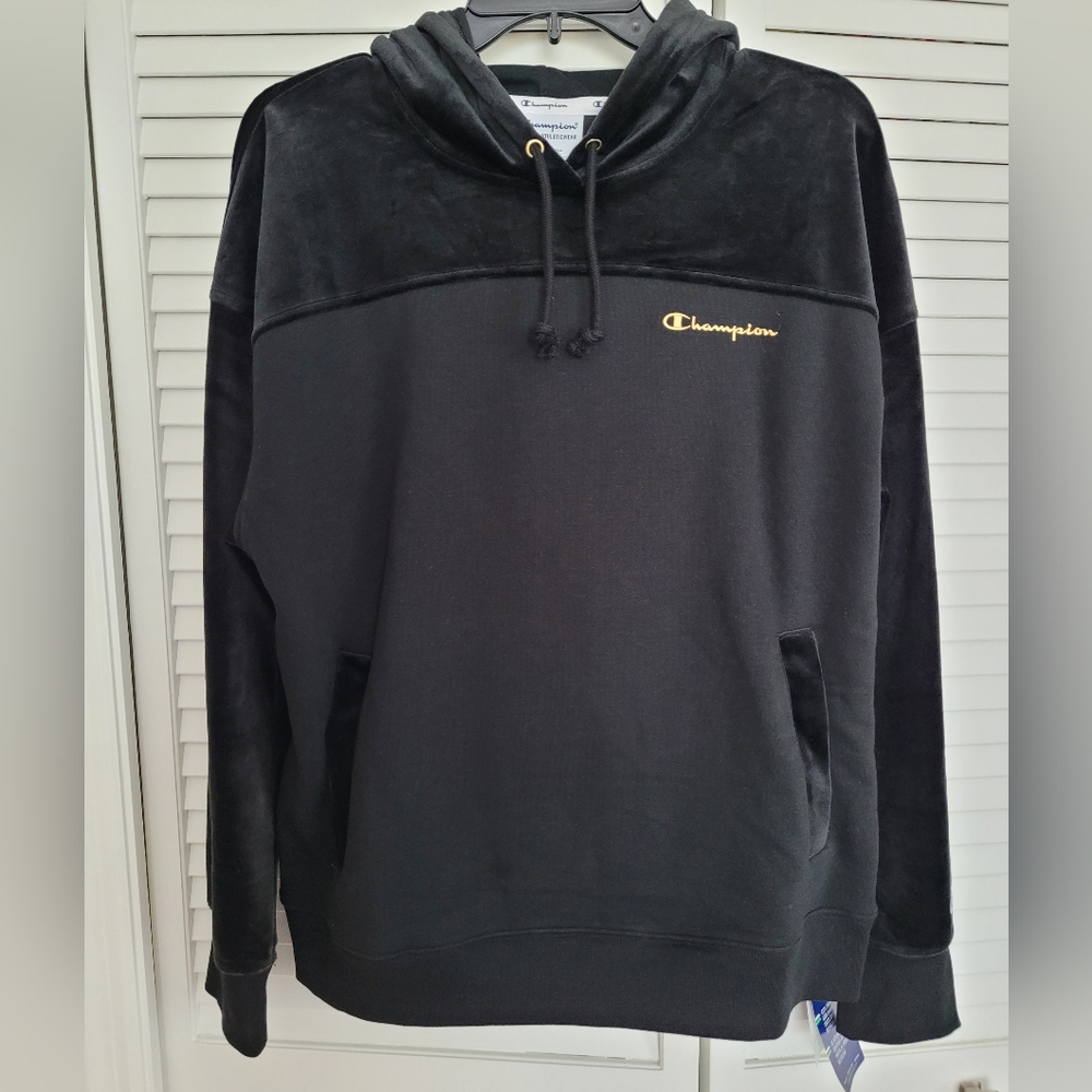 NWT Champion Sz L Velour Block Athletic Pullover Hoodie Logo Black Gold